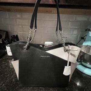 Black, white & gray large Michael Kors shoulder tote